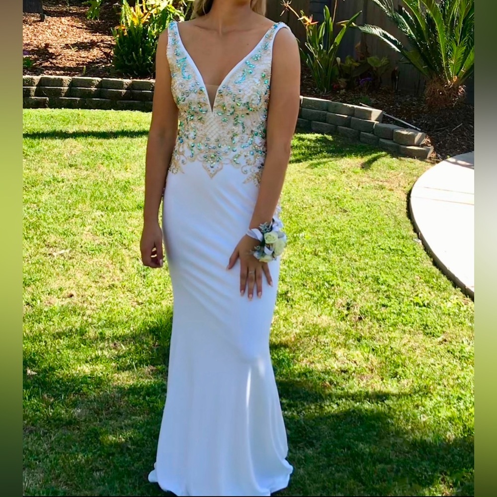 Camille La Vie White Prom Gown with Gold & Aqua Beaded Bodice